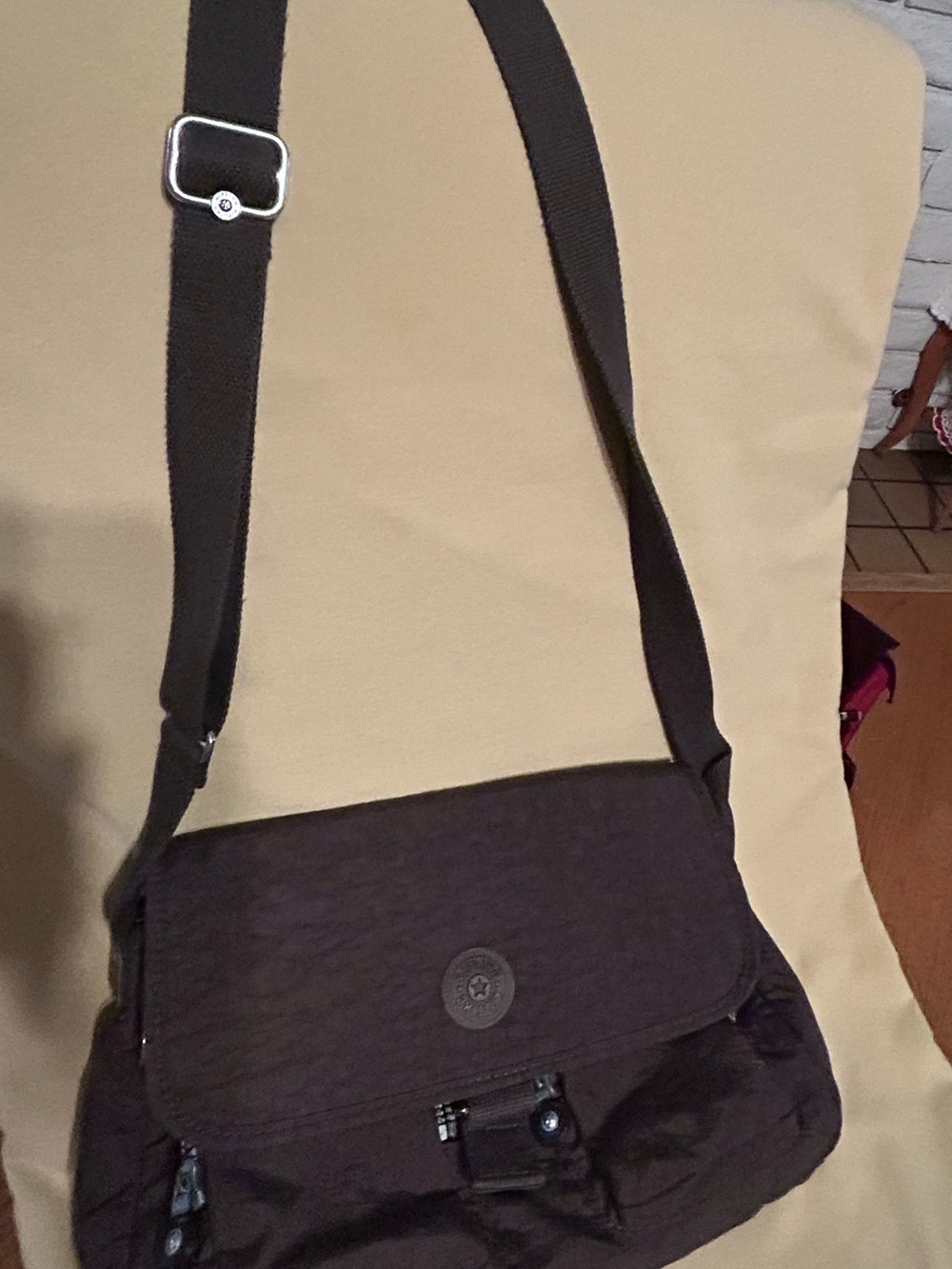 Kipling Dark Gray Crossover Bag w/ strap. Zippered closures & Velcro Flap.